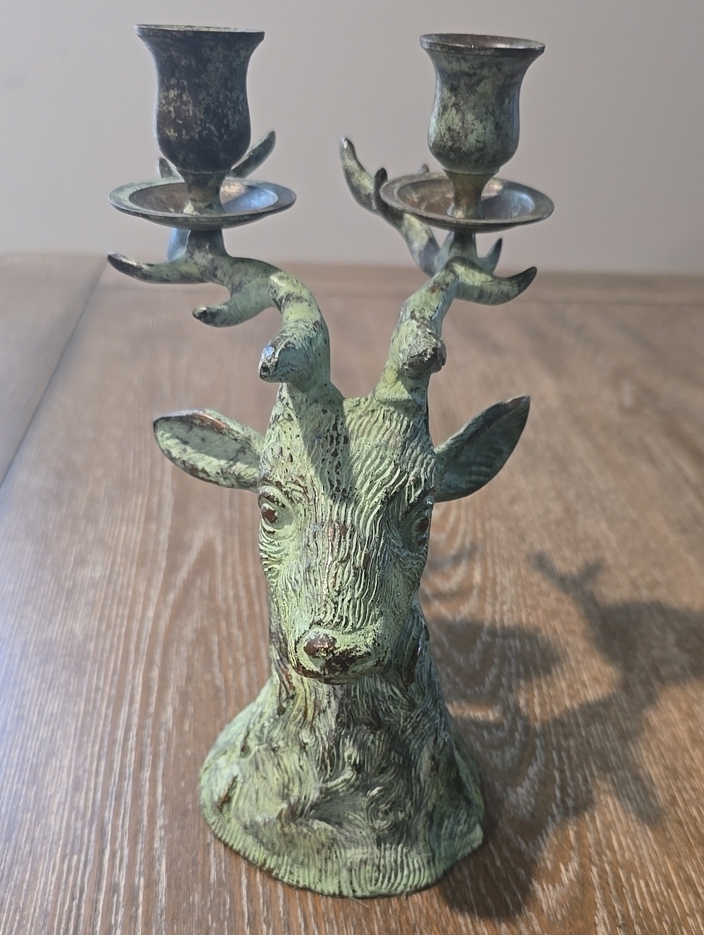 Vintage Green Patina Brass Or Bronze Deer Head Antler Candle Holder